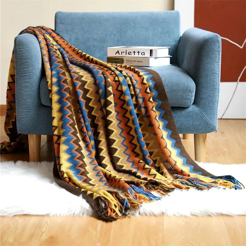Bohemian Acrylic Hand Knitted Blanket with Tassels
