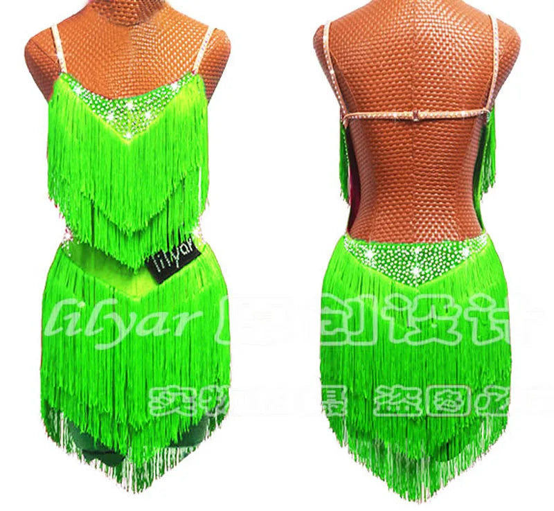 Latin Dance Dress with Rhinestones and Tassels in Red and White