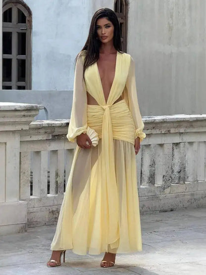 Deep V Hollow Backless Chiffon Maxi Party Dress