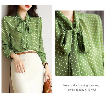 Shawl Collar Long Sleeve Blouse Women Polka Dot Cardigan