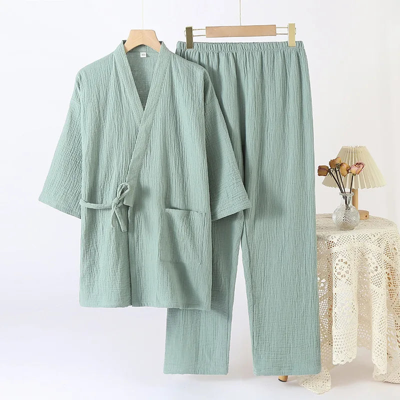 Cotton Couple Kimono Robes with Long Trousers Set
