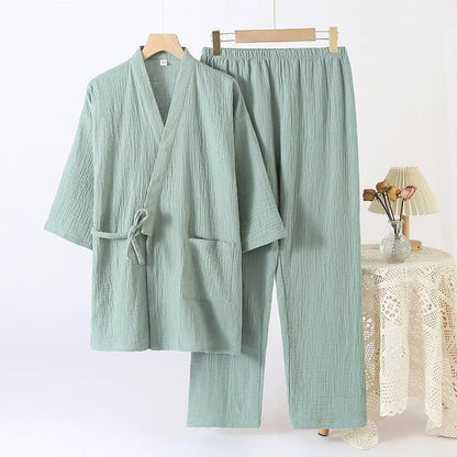 Cotton Couple Kimono Robes with Long Trousers Set