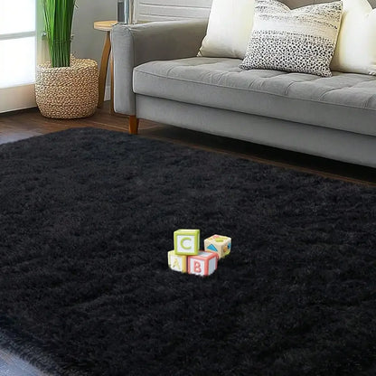 Black Plush Long-Pile Carpet, Soft Non-Slip Rug