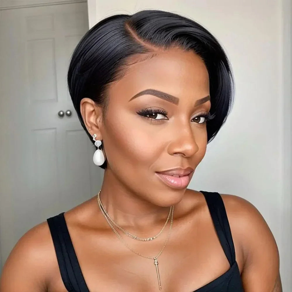 Side Part Pixie Cut Straight Wig Virgin Human Hair Natural Color