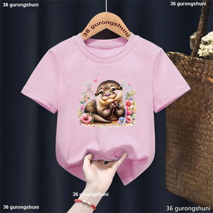 Kawaii Otter Love Printed T-Shirt for Kids