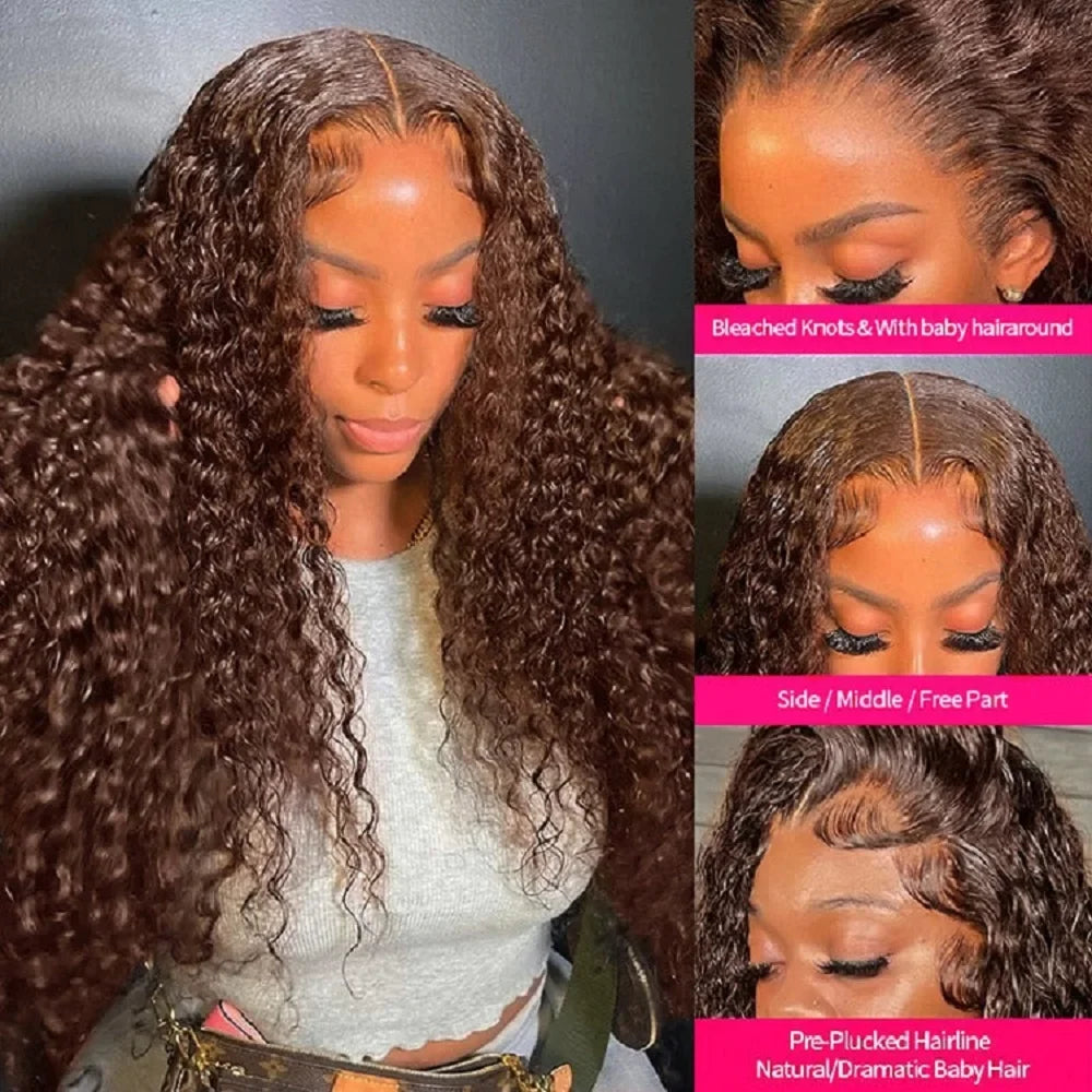 Deep Wave Frontal Wig 30 Inch Chocolate Brown Human Hair