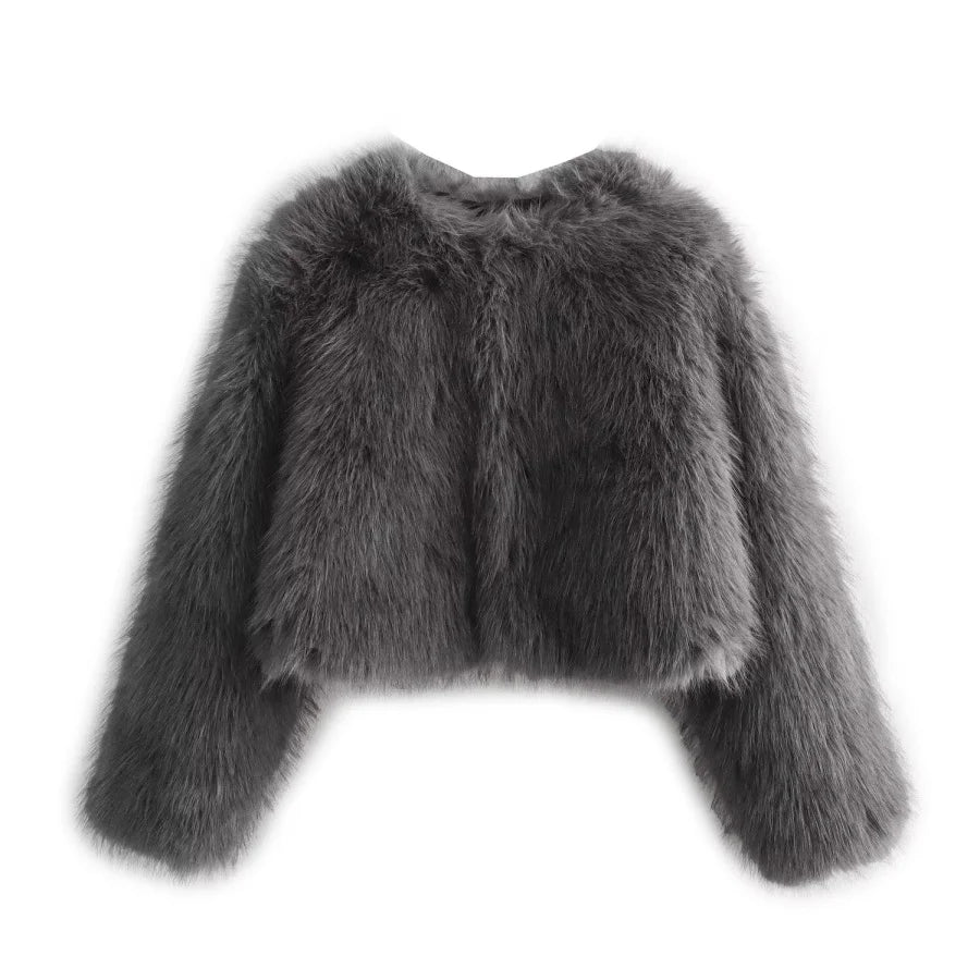 Women's Faux Fur Round Neck Short Jacket