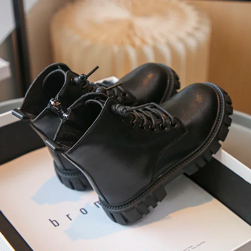 Girls Black Leather Ankle Boots with Thick Sole