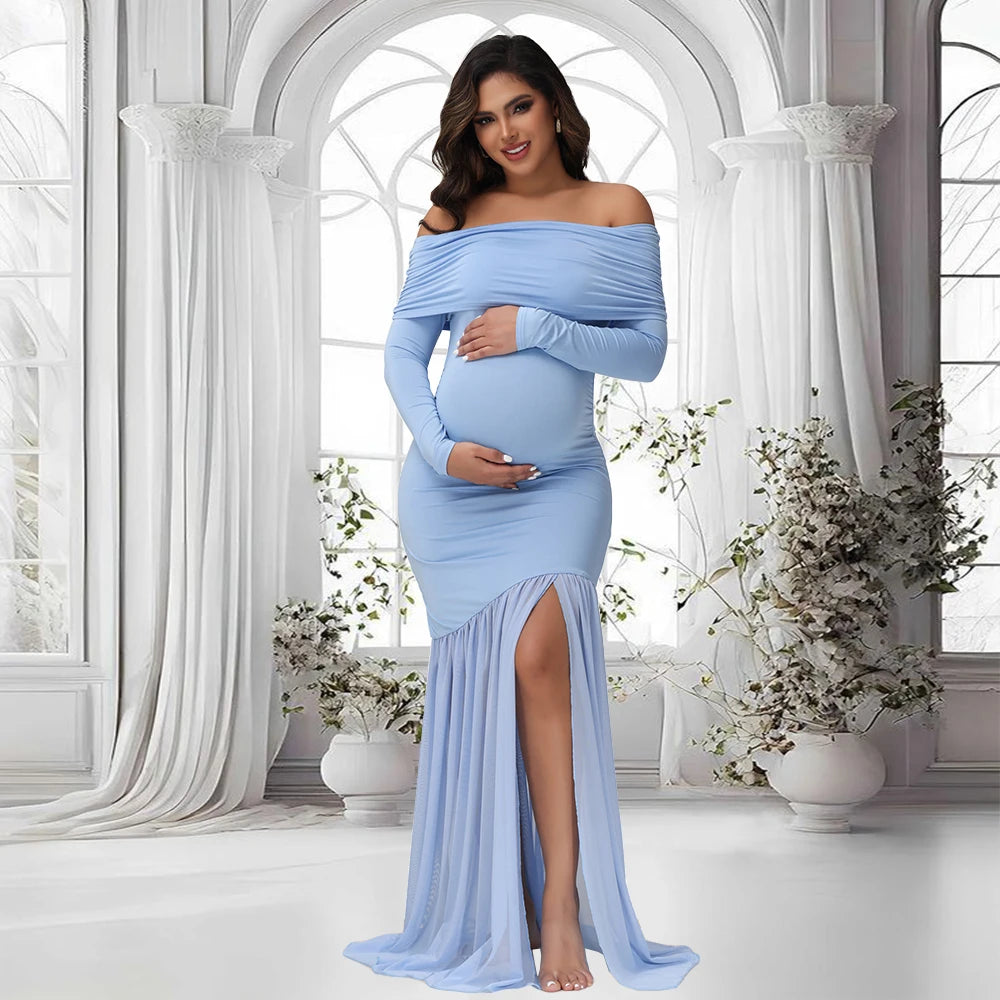 Elegant Off-Shoulder Maternity Dress with Slits