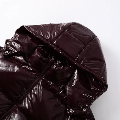 Solid Glossy Zipper Hooded Coat Women's Cotton Jacket