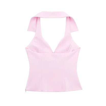 Women Summer 2 Piece Set V-Neck Backless Zipper Top
