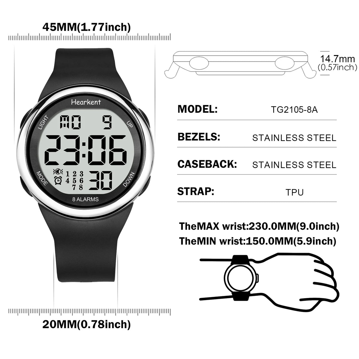 Hearkent 8 Alarm Waterproof Digital Wristwatch