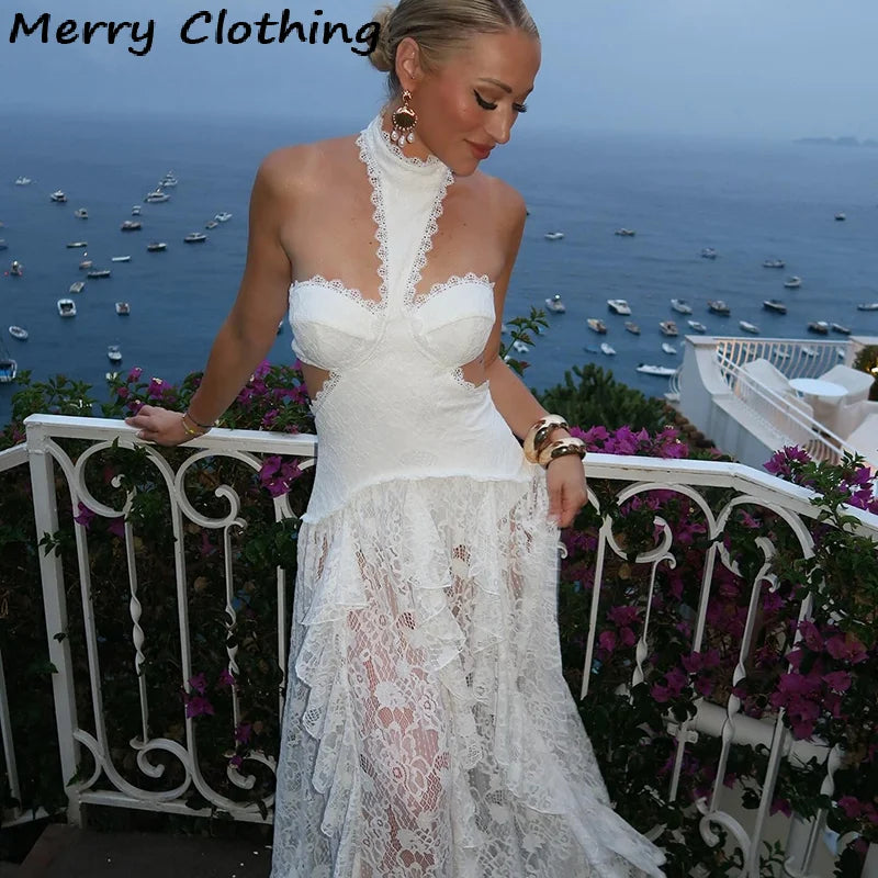 Sexy Lace Patchwork Halter Evening Gown for Women