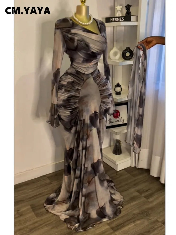 Women Tie Dye Maxi Dress with Skew Neck and Flare Sleeves
