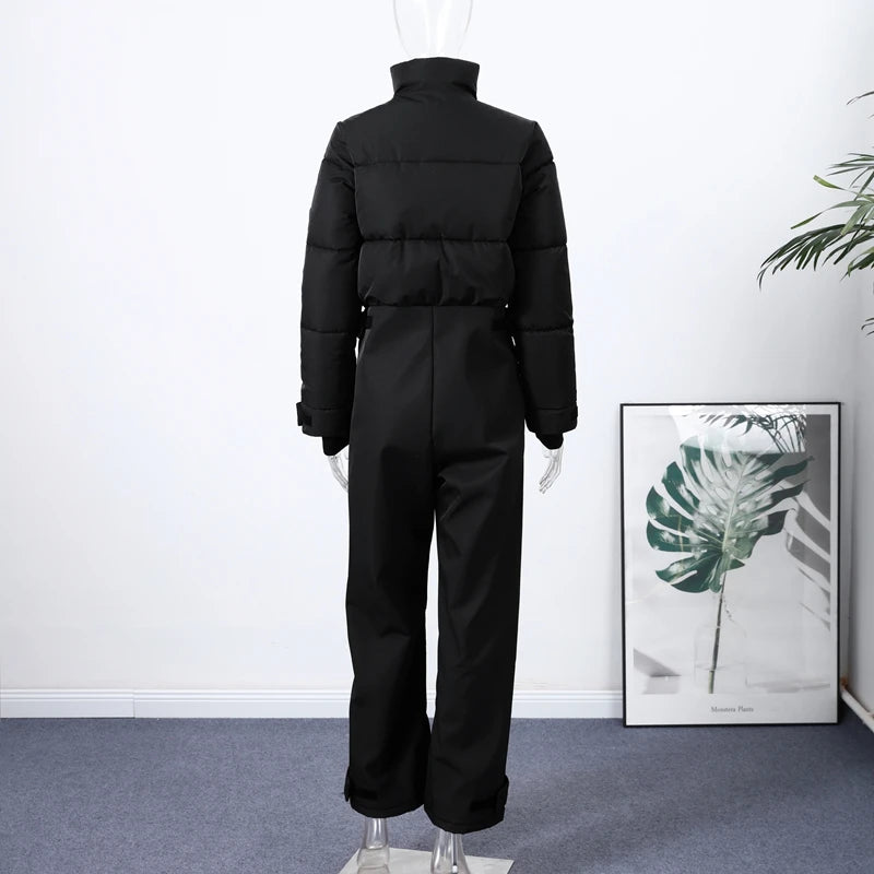 Casual Fur-Trimmed Hooded Ski Suit Women Warm Jumpsuit