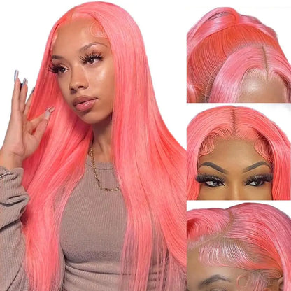Pink 30 Inch Straight Lace Front Wig Human Hair