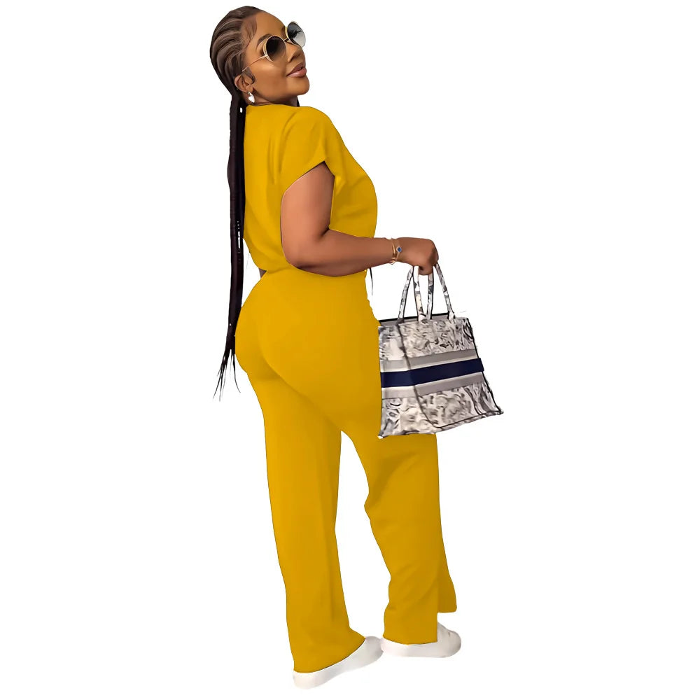 Women Casual Short Sleeve Drawstring Top and High Waist Pants Set