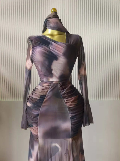 Women Tie Dye Maxi Dress with Skew Neck and Flare Sleeves