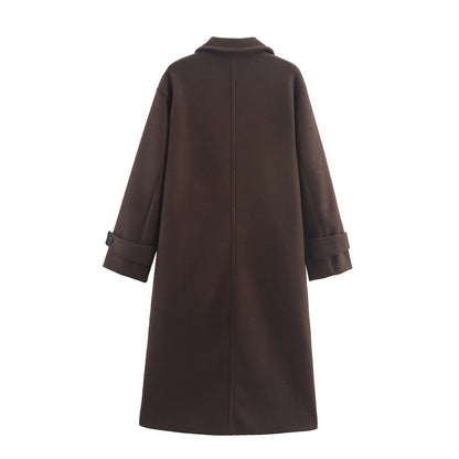 Brown Woolen Coat for Women with Notch Neck
