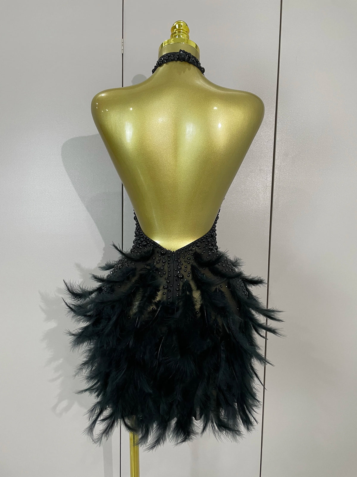 Luxury Rhinestones Pearls Feathers Halter Backless Dress
