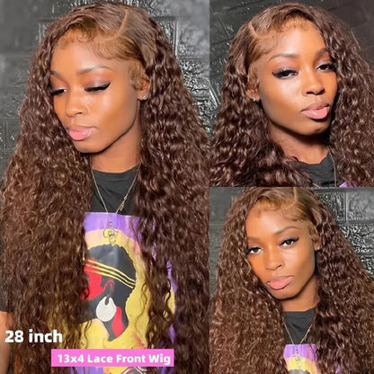 Deep Wave Frontal Wig 30 Inch Chocolate Brown Human Hair