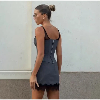 Elegant Fishbone V-neck Mini Dress Women Sleeveless Polyester