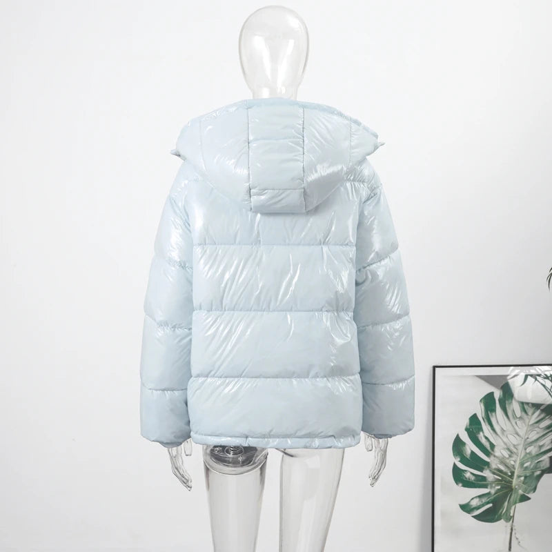 Solid Glossy Zipper Hooded Coat Women's Cotton Jacket