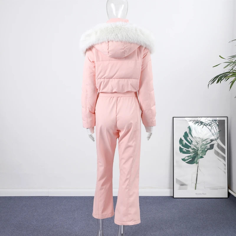 Hooded One-Piece Ski Jumpsuit for Women Windproof Outwear