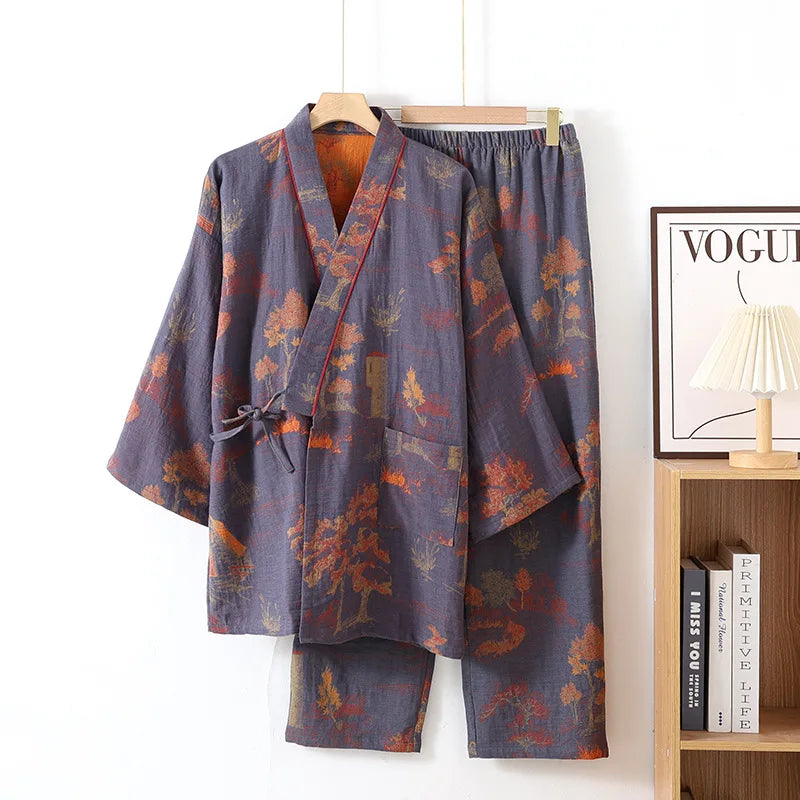 Men's Cotton Kimono Robe and Pajama Set