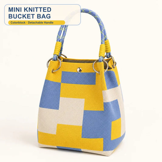 Mini Knitted Bucket Bag Women Colorblock Wristlet Purse