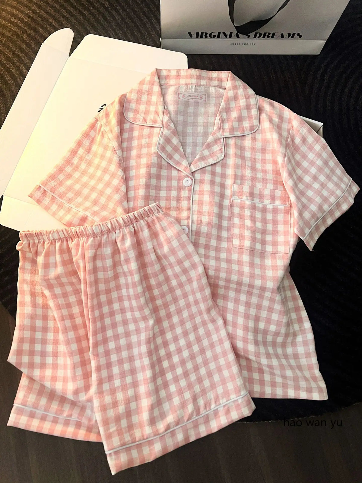 Japanese Minimalist Women's Pink Plaid Pajamas