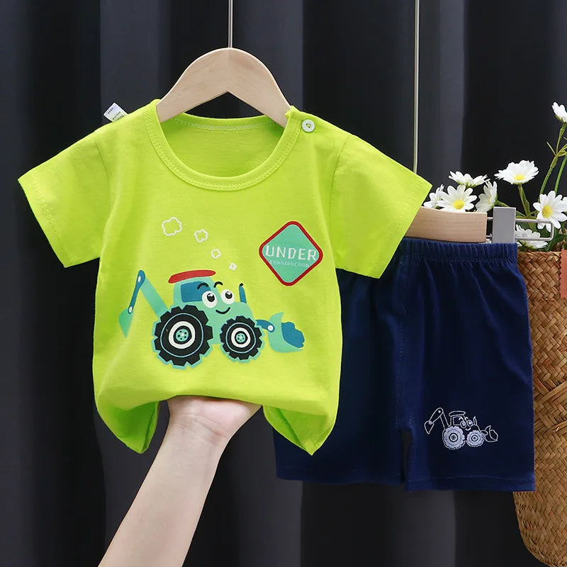 Boys Cartoon Print Cotton T-Shirt and Shorts Set