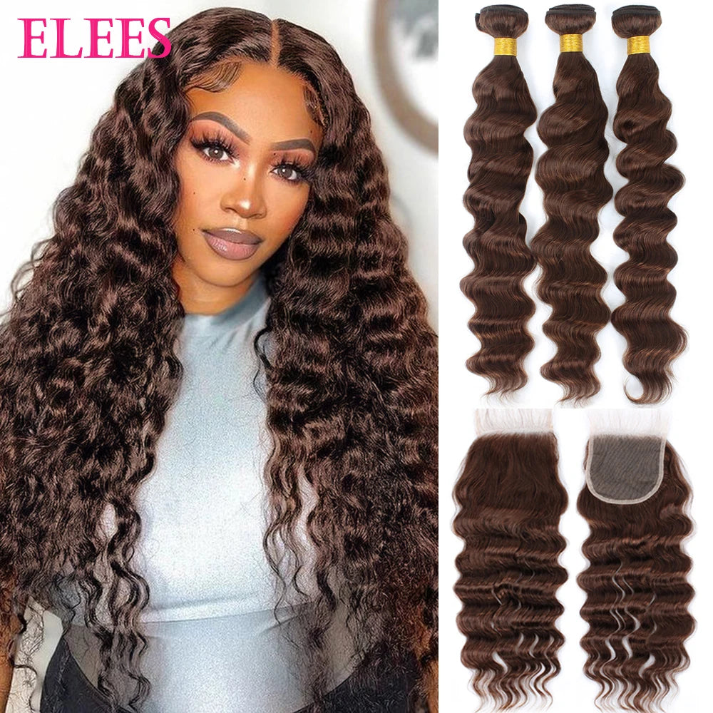 Chocolate Brown Loose Wave Human Hair Bundles with Closure