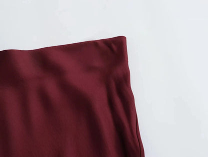 Vintage Satin Solid Long Skirt Women High Waist