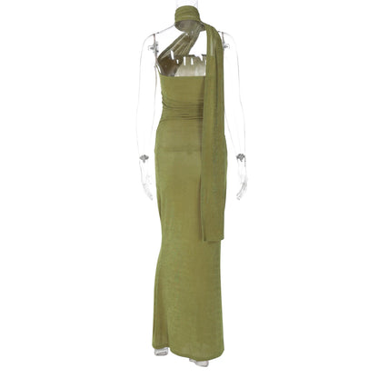 Hugcitar Halter Backless Ruched Bodycon Maxi Dress
