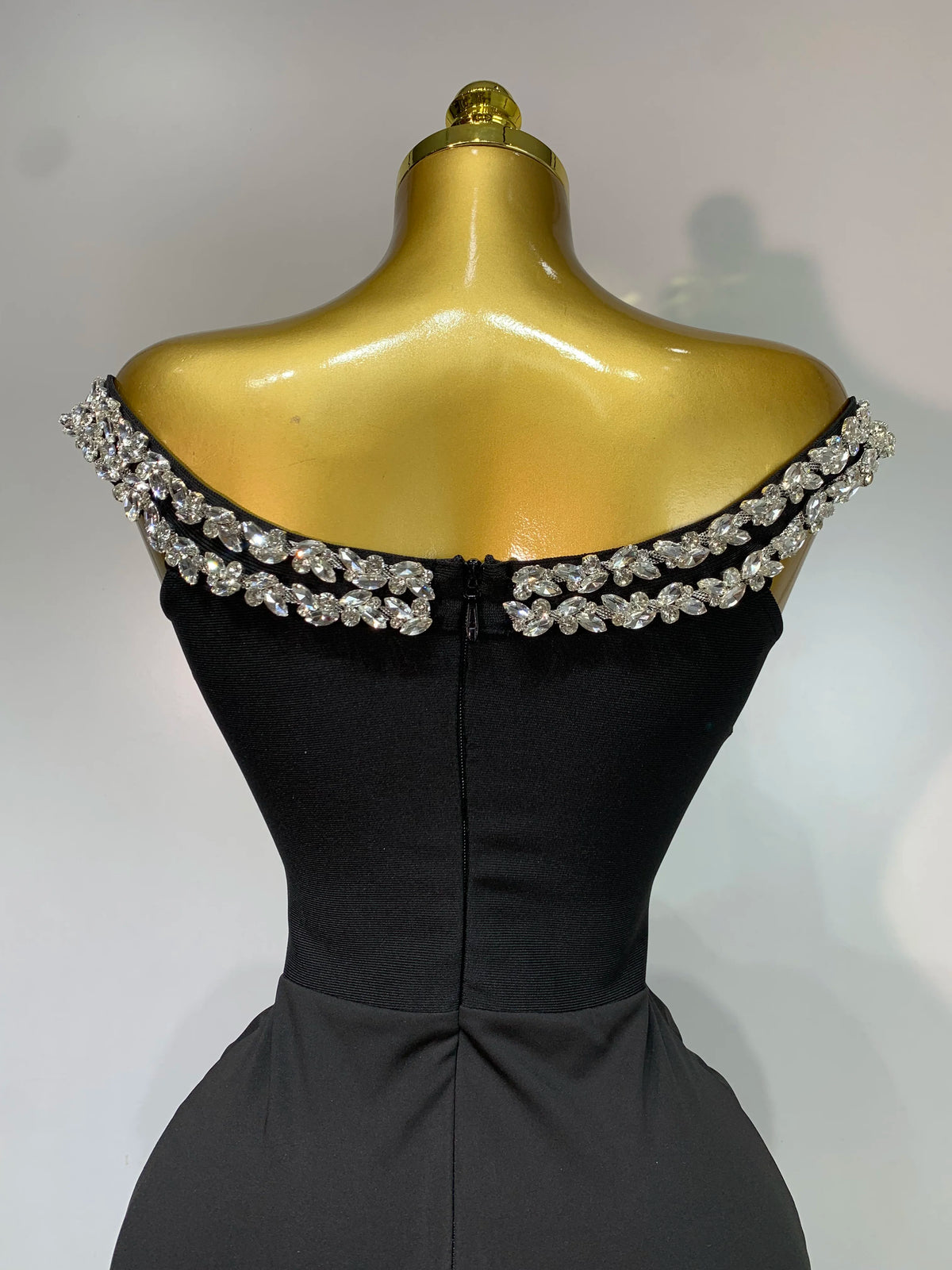 Black Off Shoulder Bodycon Dress with Diamonds