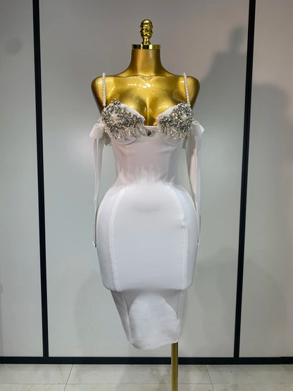 Women Backless Bodycon Bandage Dress with Pearls