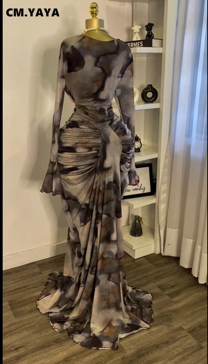 Women Tie Dye Maxi Dress with Skew Neck and Flare Sleeves