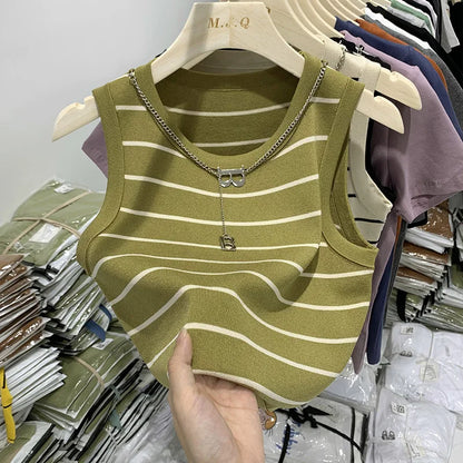 Striped Knit Sleeveless Waistcoat for Women