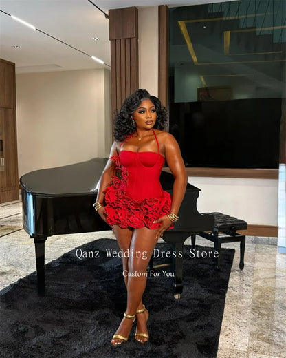 Red Satin Halter Neck Mini Prom Dress with Ruffles