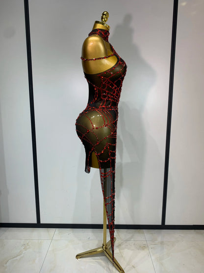 Black Mesh Crystal Diamond Bodycon Dress for Women