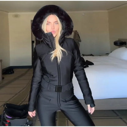 Fur-Trimmed Hooded One-Piece Ski Suit for Women