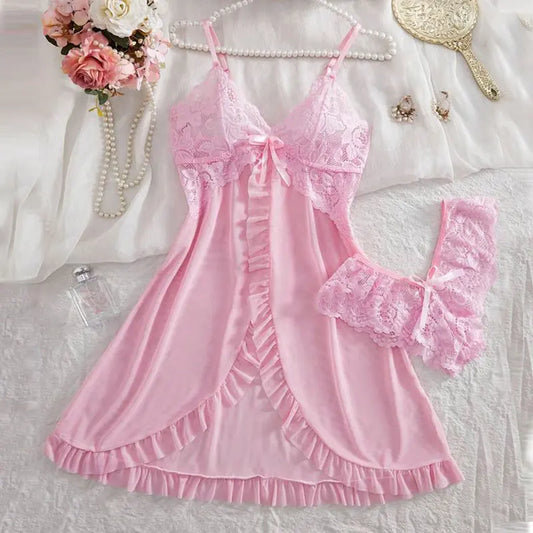 Pink Cute Women Nightdress and Panty Set Sleeveless