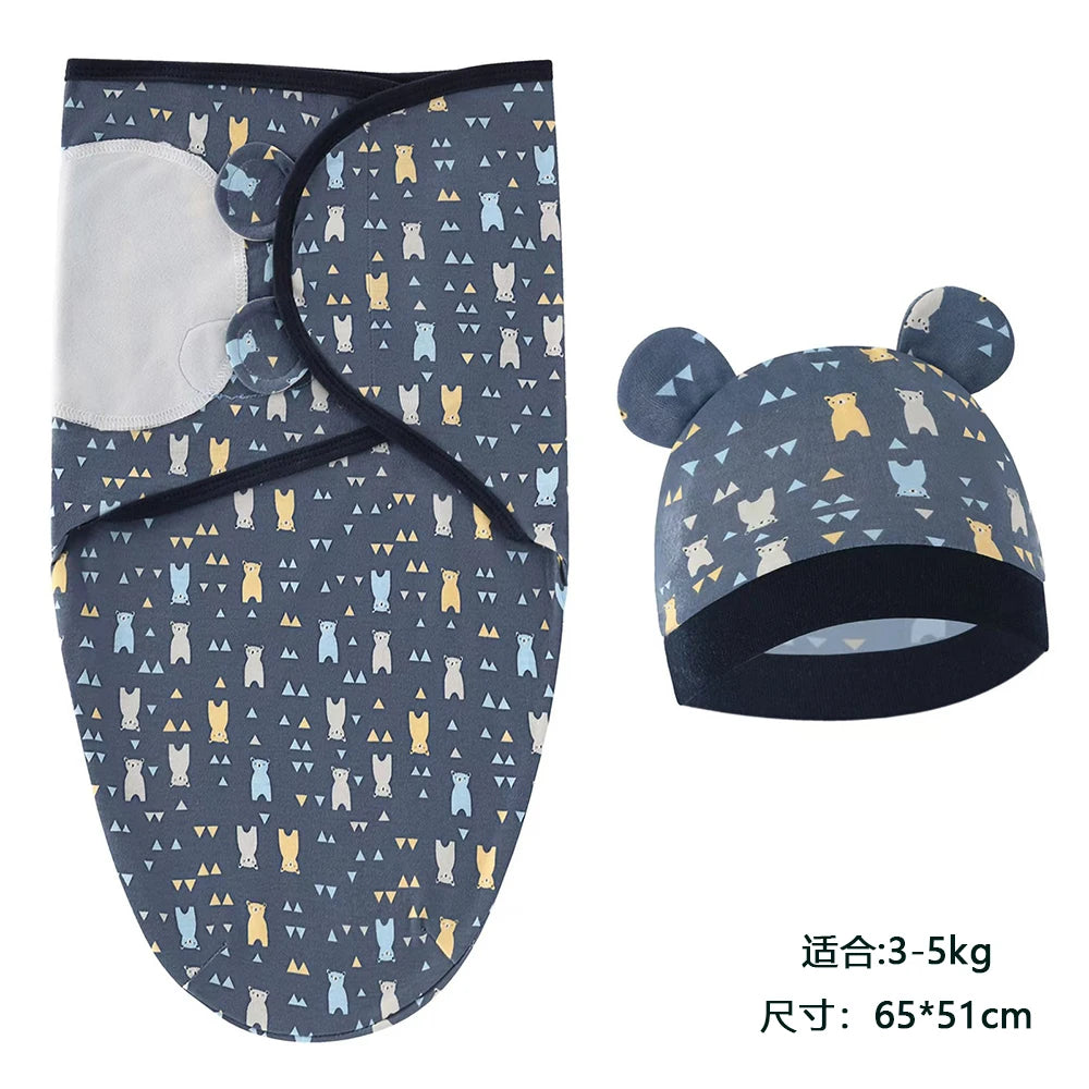 Cotton Cartoon Printed Baby Blanket Hat Set