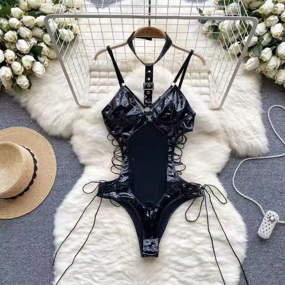 Women Transparent Lace Up Halter Bodysuit Romper