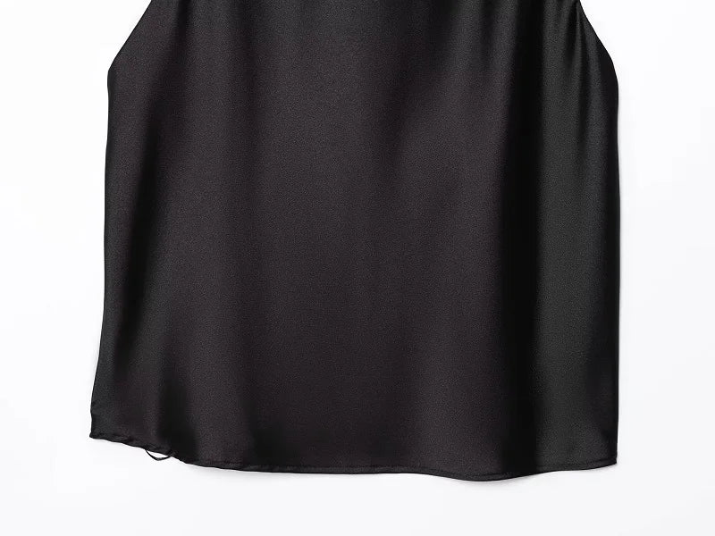 Black Satin Backless Halter Top for Women