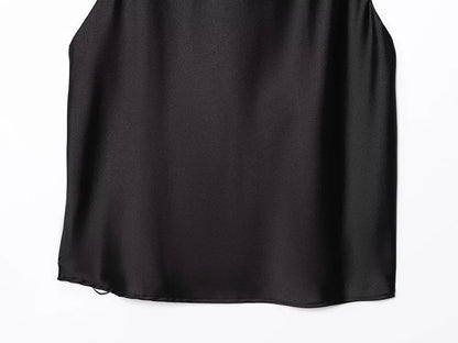 Black Satin Backless Halter Top for Women