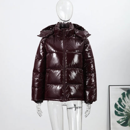 Solid Glossy Zipper Hooded Coat Women's Cotton Jacket