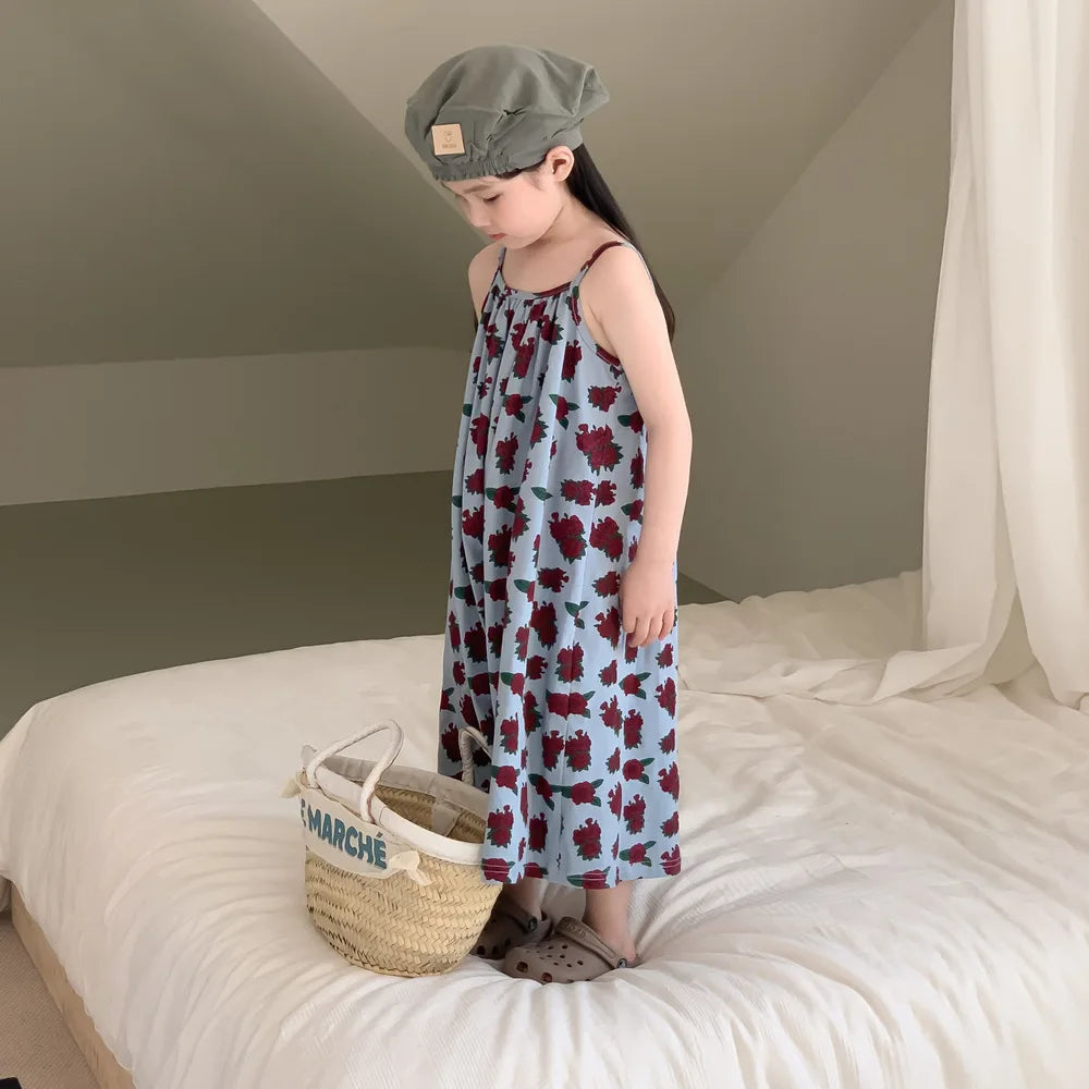 Sleeveless Beach Dress Printed Rose for Girls 4-6Y