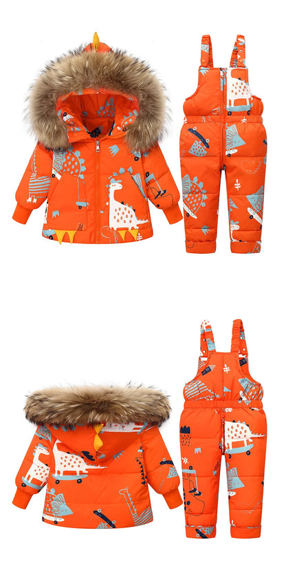 Children's Hooded Parka Down Jacket with Dinosaur Design
